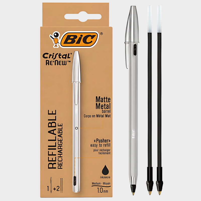 BIC | Ballpoint Pen with Refills Set | 1.0mm | Crystal Renew+2 Refill | Black Ink | CRBLK-3P