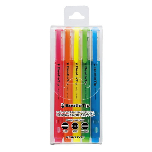 Kokuyo Three-way Fluorescent Marker Beetle Tip 5 Color Set